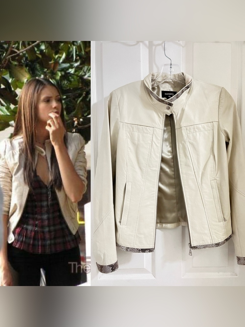 DANIER Women's Cream Leather Jacket - Stylish Zip & Snap Collar